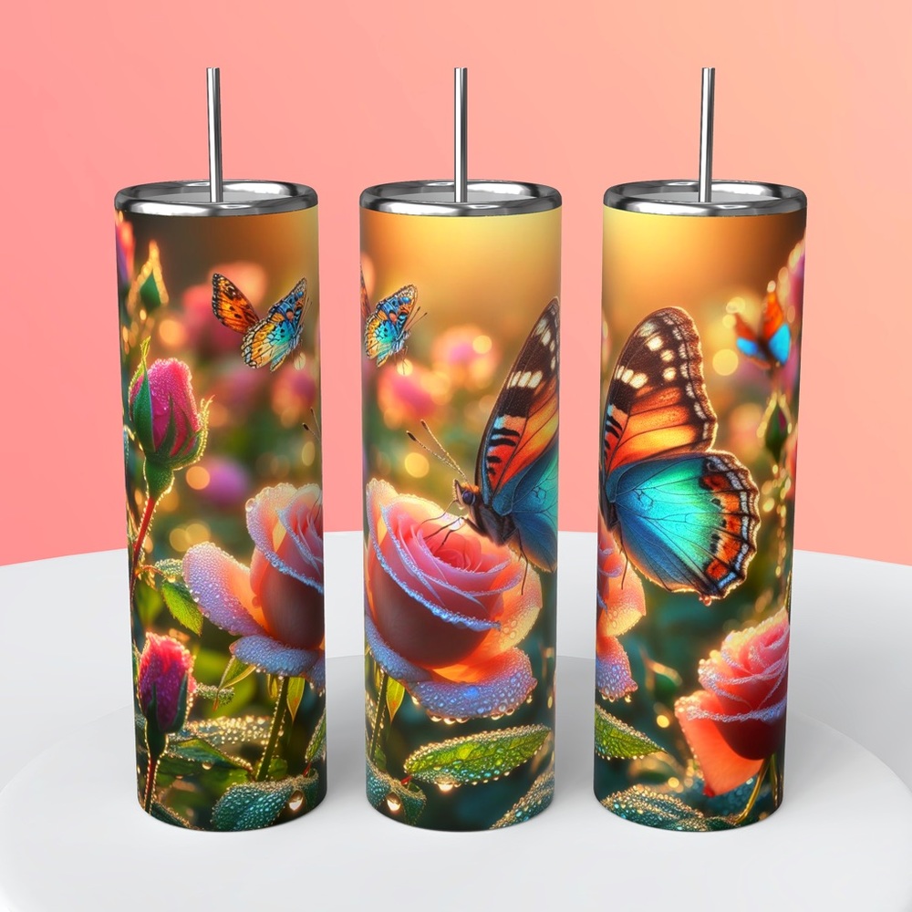 Butterfly in rose garden #1 20 oz tumbler